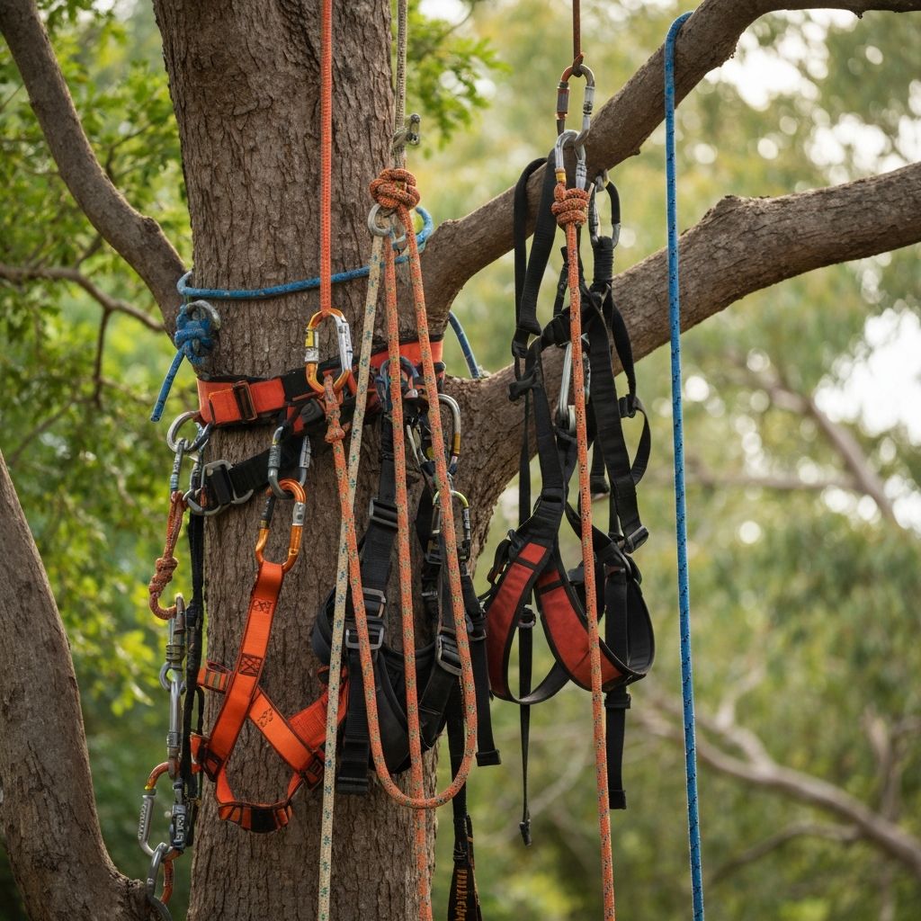Professional arborist climbing equipment and safety gear in a Queensland tree